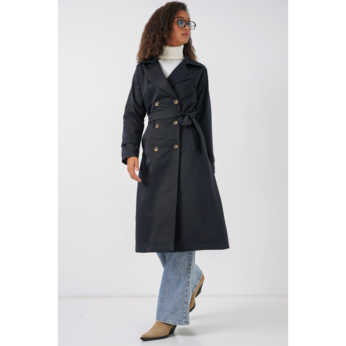5940 Kadın Kruvaze Yaka Uzun Trençkot - Lacivert