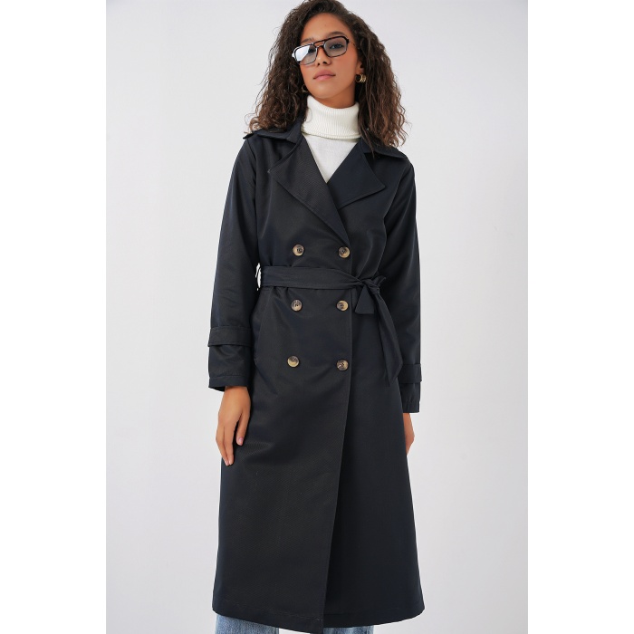 5940 Kadın Kruvaze Yaka Uzun Trençkot - Lacivert