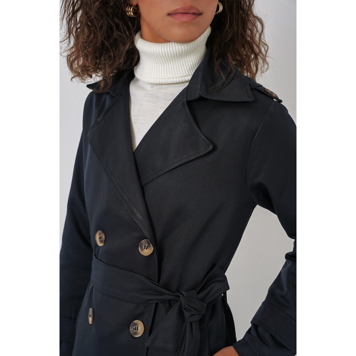 5940 Kadın Kruvaze Yaka Uzun Trençkot - Lacivert