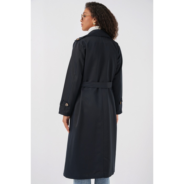 5940 Kadın Kruvaze Yaka Uzun Trençkot - Lacivert