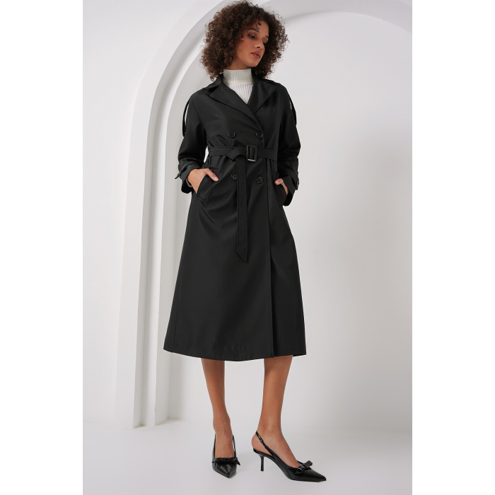 5941 Kruvaze Yaka Uzun Trençkot - Siyah
