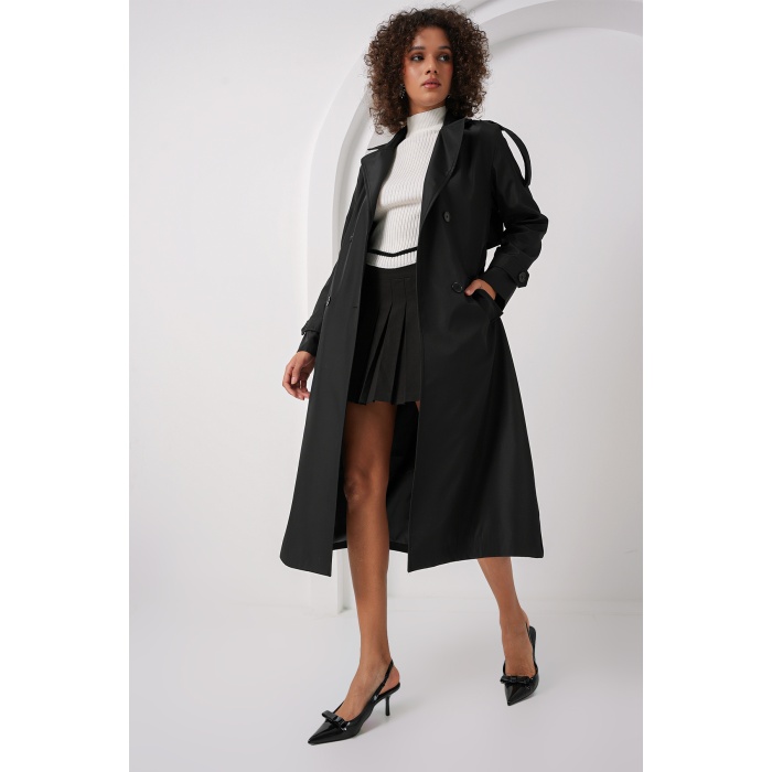 5941 Kruvaze Yaka Uzun Trençkot - Siyah