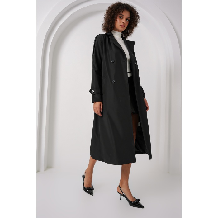 5941 Kruvaze Yaka Uzun Trençkot - Siyah
