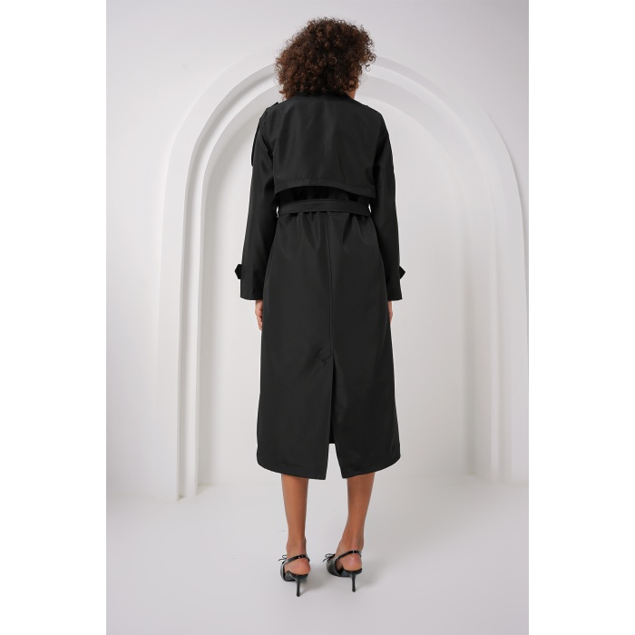 5941 Kruvaze Yaka Uzun Trençkot - Siyah