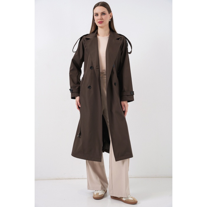 5941 Kruvaze Yaka Uzun Trençkot - Kahverengi
