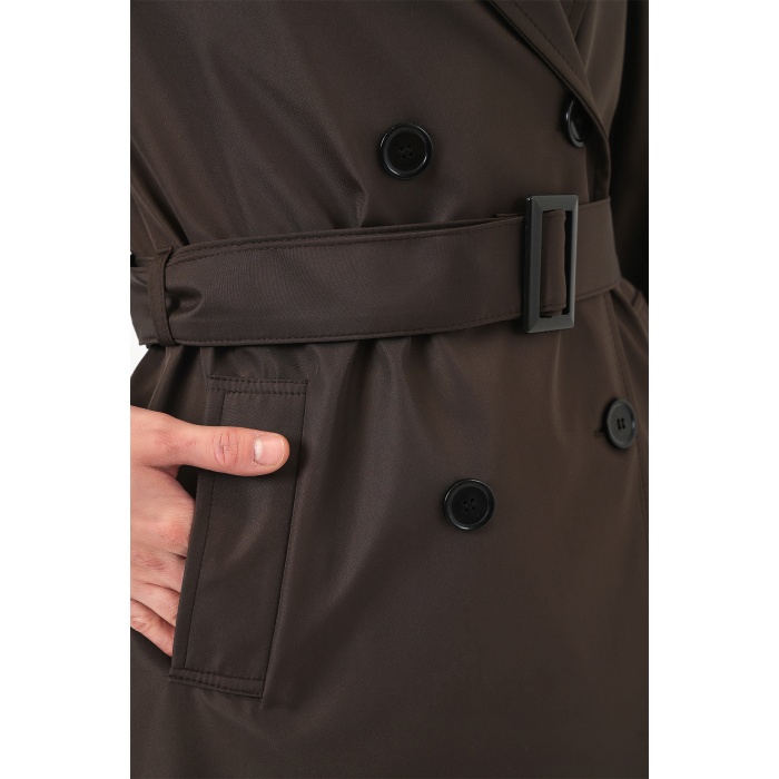 5941 Kruvaze Yaka Uzun Trençkot - Kahverengi