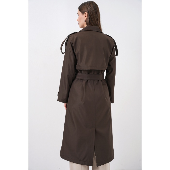 5941 Kruvaze Yaka Uzun Trençkot - Kahverengi
