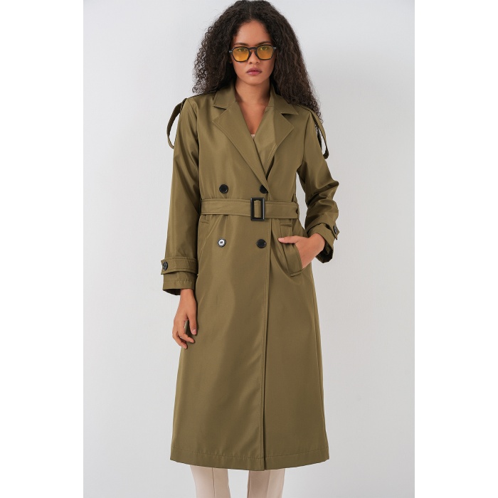 5941 Kruvaze Yaka Uzun Trençkot - Haki