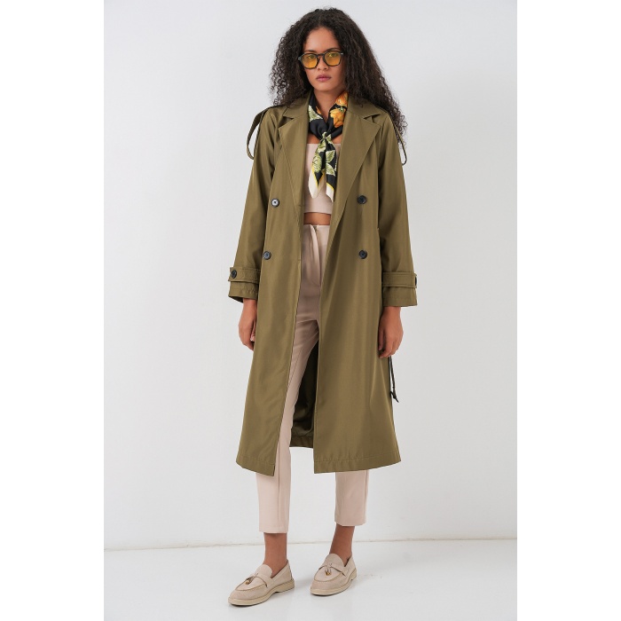 5941 Kruvaze Yaka Uzun Trençkot - Haki