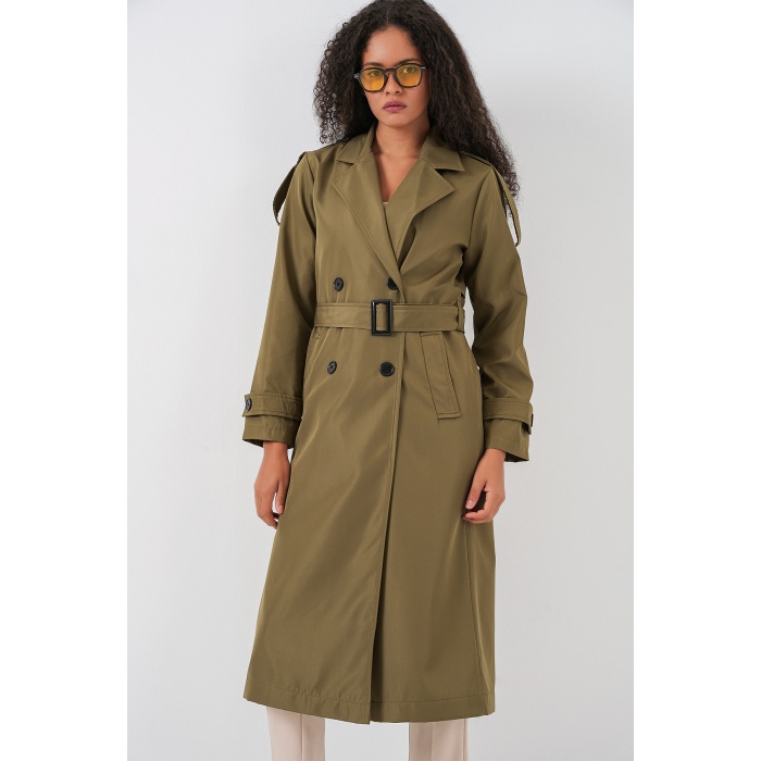 5941 Kruvaze Yaka Uzun Trençkot - Haki