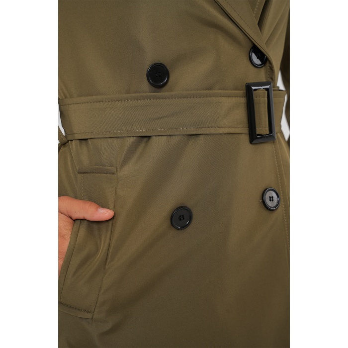 5941 Kruvaze Yaka Uzun Trençkot - Haki