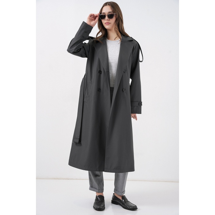 5941 Kruvaze Yaka Uzun Trençkot - Antrasit