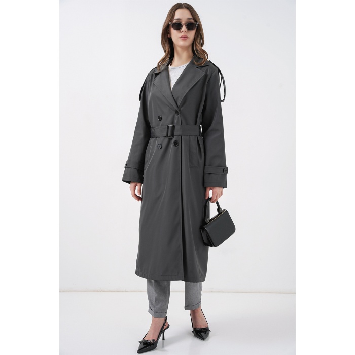 5941 Kruvaze Yaka Uzun Trençkot - Antrasit