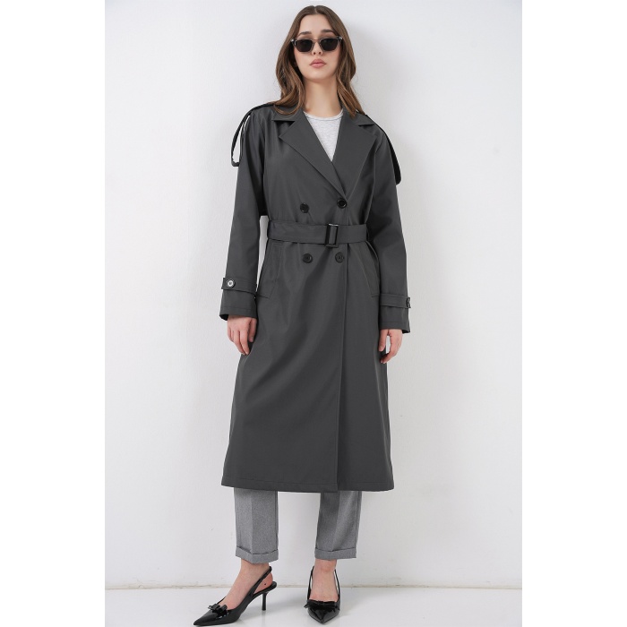 5941 Kruvaze Yaka Uzun Trençkot - Antrasit
