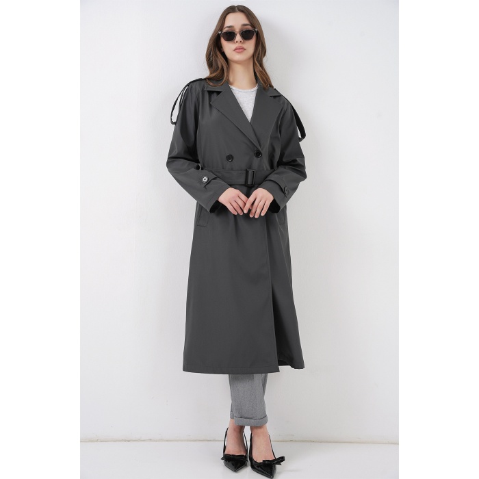 5941 Kruvaze Yaka Uzun Trençkot - Antrasit