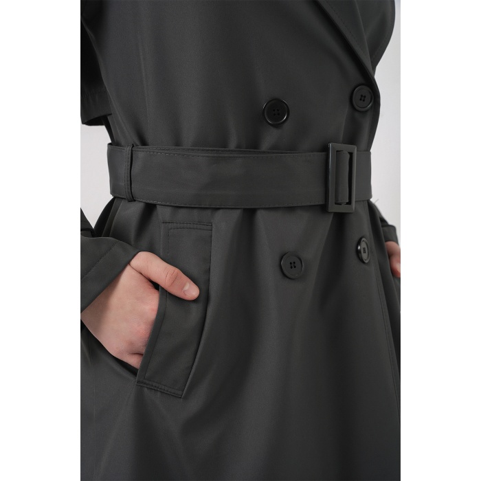 5941 Kruvaze Yaka Uzun Trençkot - Antrasit