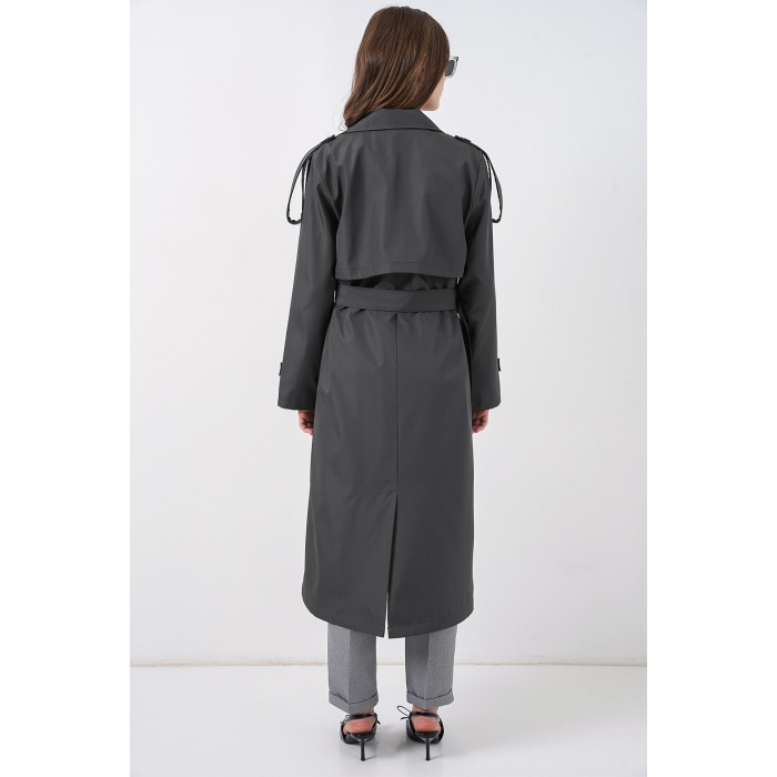 5941 Kruvaze Yaka Uzun Trençkot - Antrasit