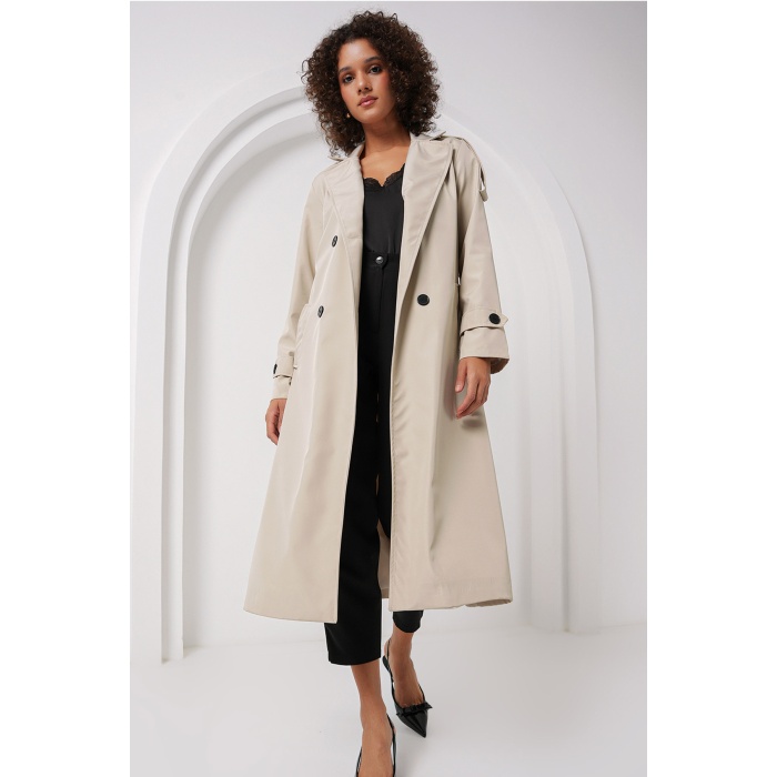 5941 Kruvaze Yaka Uzun Trençkot - Taş