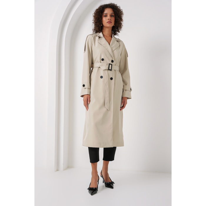 5941 Kruvaze Yaka Uzun Trençkot - Taş