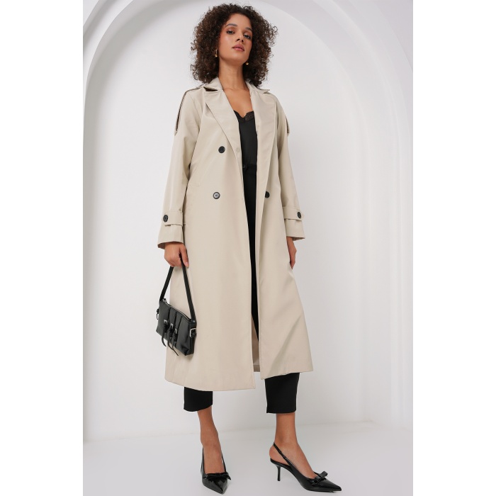 5941 Kruvaze Yaka Uzun Trençkot - Taş