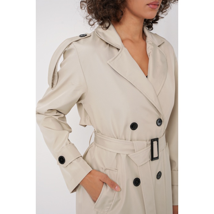 5941 Kruvaze Yaka Uzun Trençkot - Taş