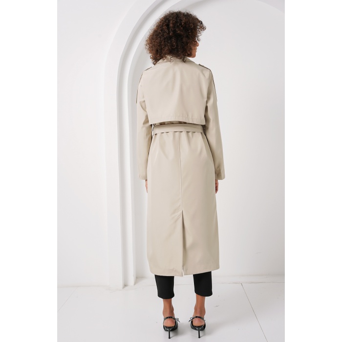 5941 Kruvaze Yaka Uzun Trençkot - Taş