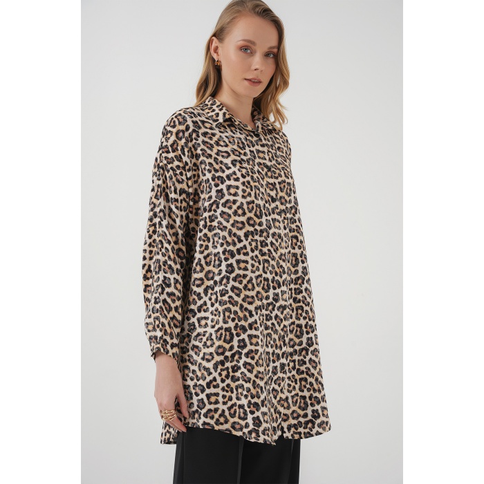 5944 Desenli Uzun Gömlek Tunik - Bej