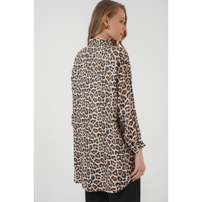 5944 Desenli Uzun Gömlek Tunik - Bej