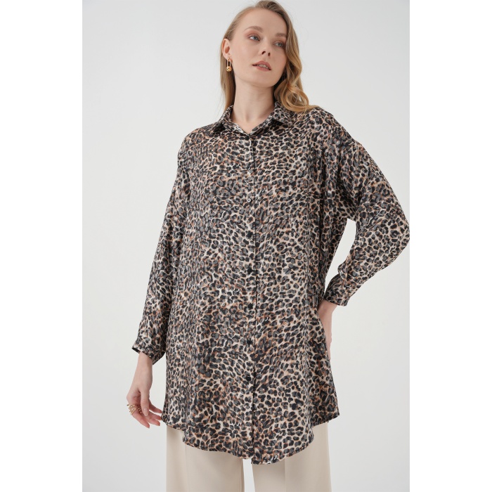 5944 Desenli Uzun Gömlek Tunik - C. Kahverengi