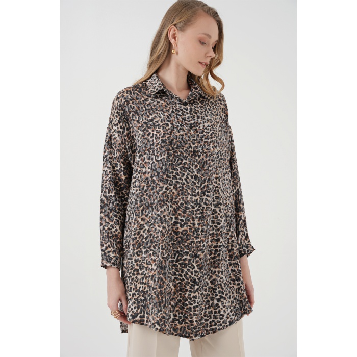 5944 Desenli Uzun Gömlek Tunik - C. Kahverengi