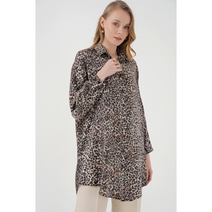 5944 Desenli Uzun Gömlek Tunik - C. Kahverengi