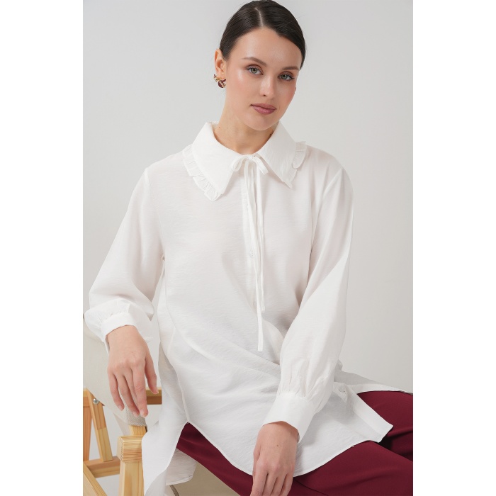 Fırfırlı Uzun Gömlek Tunik 5952 - Beyaz