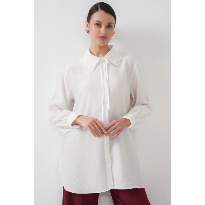 Fırfırlı Uzun Gömlek Tunik 5952 - Beyaz