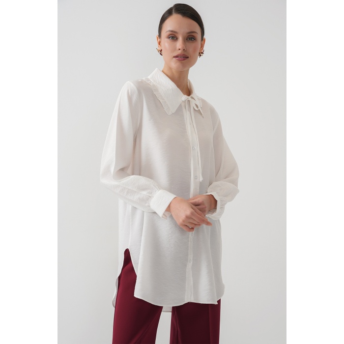 Fırfırlı Uzun Gömlek Tunik 5952 - Beyaz