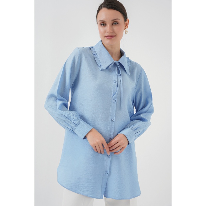 Fırfırlı Uzun Gömlek Tunik 5952 - Mavi