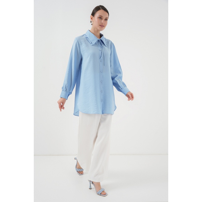 Fırfırlı Uzun Gömlek Tunik 5952 - Mavi