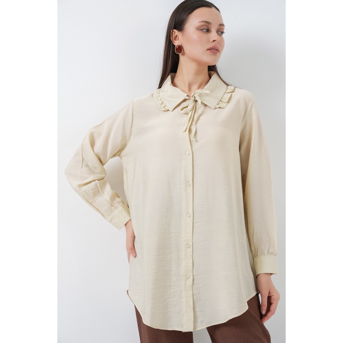 Fırfırlı Uzun Gömlek Tunik 5952 - Ekru