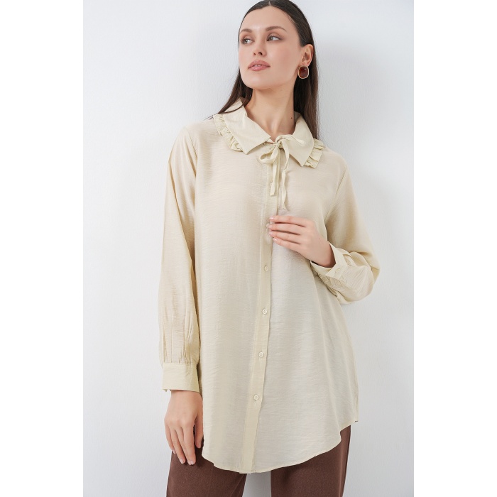 Fırfırlı Uzun Gömlek Tunik 5952 - Ekru