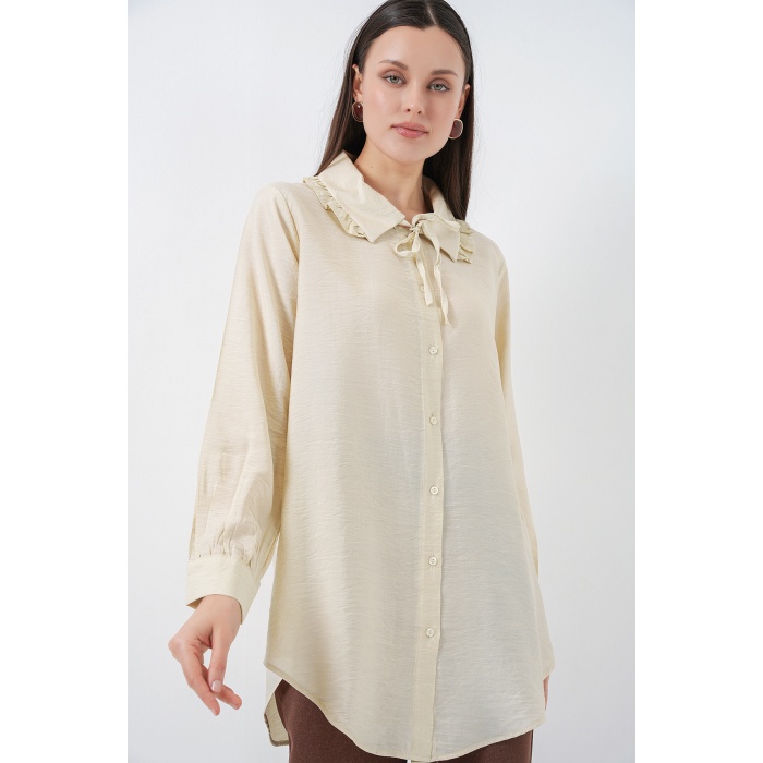 Fırfırlı Uzun Gömlek Tunik 5952 - Ekru