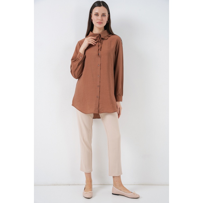 Fırfırlı Uzun Gömlek Tunik 5952 - Sütlü Kahve