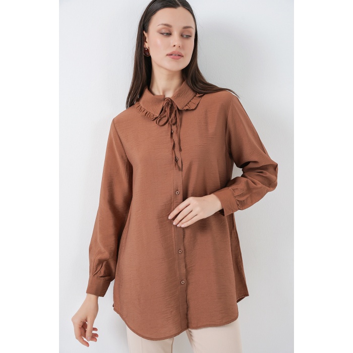 Fırfırlı Uzun Gömlek Tunik 5952 - Sütlü Kahve