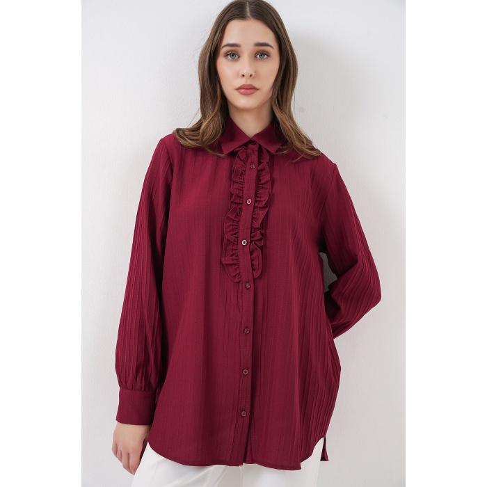 Fırfırlı Uzun Gömlek Tunik 5953 - Bordo