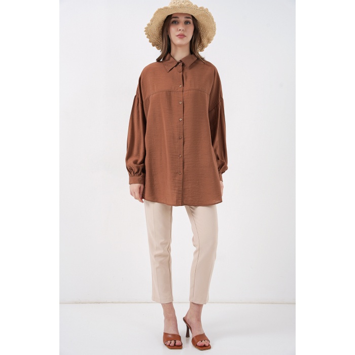 Kadın Uzun Oversize Gömlek 5965 - Sütlü Kahve