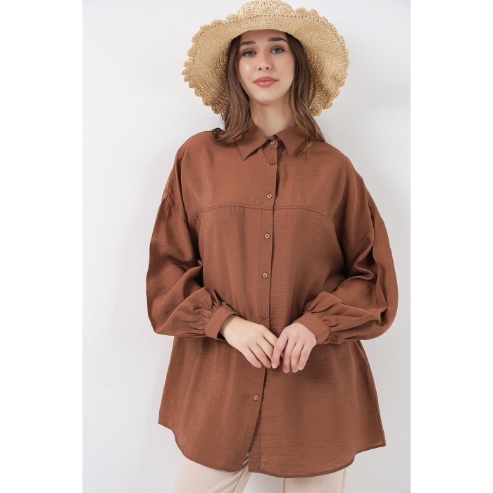 Kadın Uzun Oversize Gömlek 5965 - Sütlü Kahve