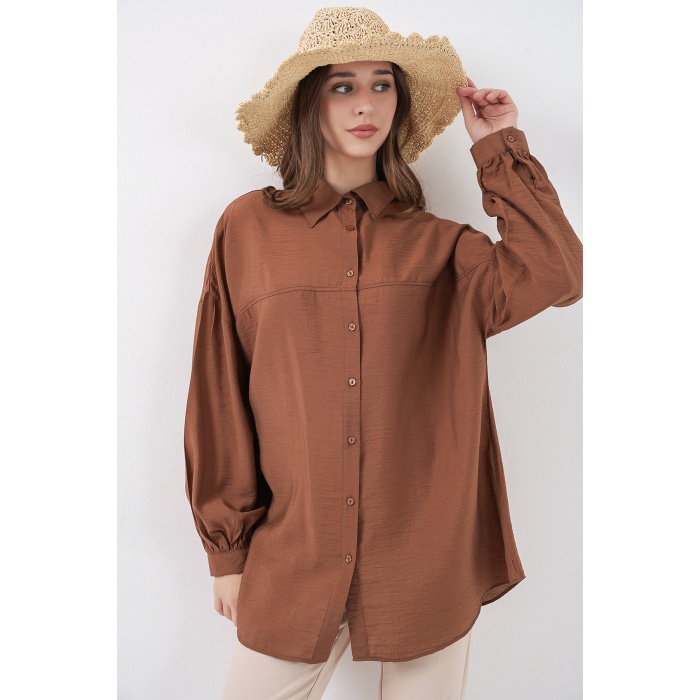 Kadın Uzun Oversize Gömlek 5965 - Sütlü Kahve