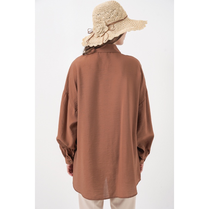 Kadın Uzun Oversize Gömlek 5965 - Sütlü Kahve