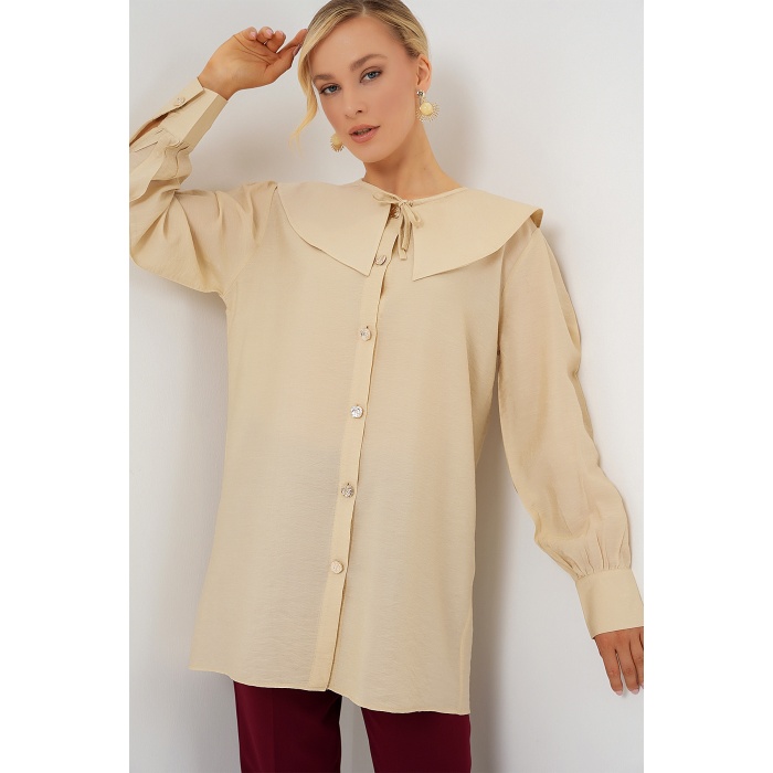 Kadın Bebe Yaka Uzun Tunik 5967 - Krem