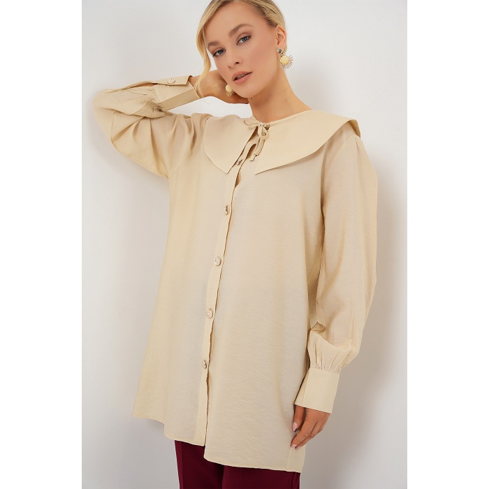 Kadın Bebe Yaka Uzun Tunik 5967 - Krem