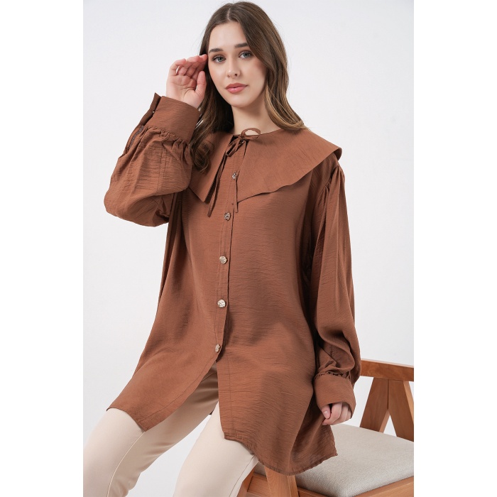 Kadın Bebe Yaka Uzun Tunik 5967 - Sütlü Kahve