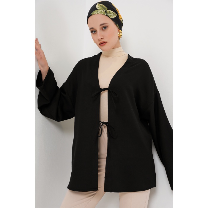 Keten Tesettür Kimono 5968 - Siyah